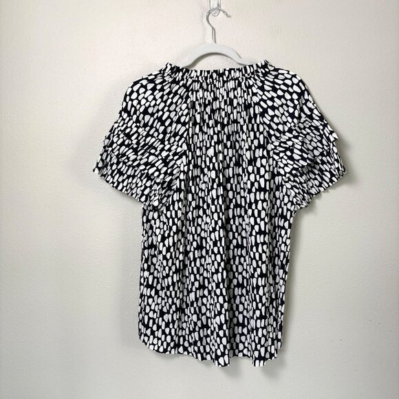 Chicos Blouse Size 3 US 16 Black White Abstract Print Ruffle Neck Sleeve - Picture 4 of 9